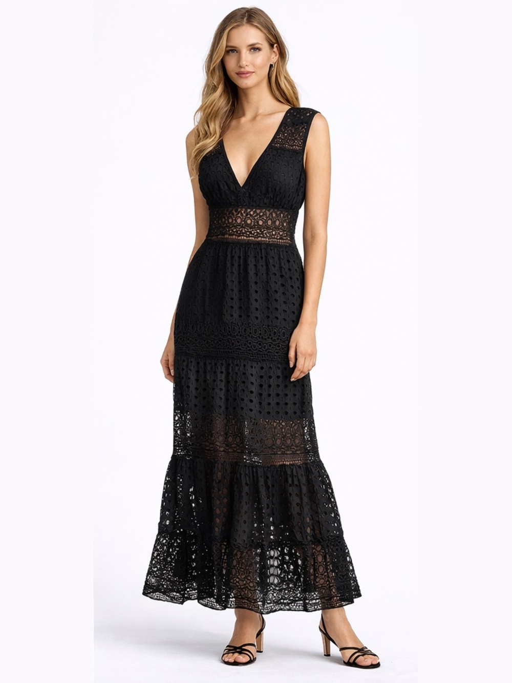 Guadalupe Serena Black Eyelet Vneck Maxi Dress Embroidered Panels Size Large NWT
